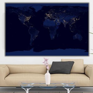 Mapa del mundo impresión / azul mapa del mundo, gran decoración del mapa del mundo, cartel del mapa, arte de la pared del mapa del mundo, viaje del mapa del mundo, arte de la pared del viaje, mapa de la noche
