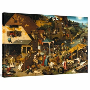 Può includere: Un dipinto ad olio dettagliato che rappresenta una vivace scena di un villaggio medievale con molte figure e animali. Il dipinto è pieno di dettagli intricati e simbolismi, tra cui un grande edificio con un tetto rosso, un ponte, un fiume e una città lontana.