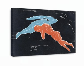 May include: Abstract art print featuring two figures in a dark blue background. One figure is blue and the other is orange. The figures are stylized and appear to be floating.