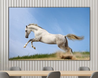 White Horse Wall Art | White Horse Canvas Print, Large Running Horse, White Horse Print, Running Horse Art, Animal Decor, Farmhouse Decor