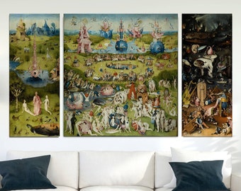 Hieronymus Bosch: Giardino delle delizie (trittico, 1490), Tela da giardino Bosch 3 PANNELLI, Stampa di riproduzione, Tela di riproduzione