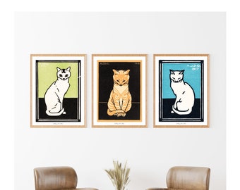 Vintage Cat Prints Set of 3 - Art Nouveau, Cat Poster, Sitting Cat Print, Julie de Graag, Animal Art, Reproduction Art, Retro Home Decor