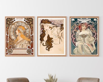 Carteles Art Nouveau de Alphonse Mucha: Conjunto de 3 impresiones de arte de exposición