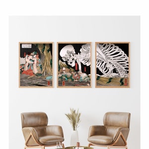 Utagawa Kuniyoshi Prints Set of 3 - Mitsukuni Defying the Skeleton Specter, Skeleton Print, Japanese Poster, Japanese Wall Art, Asian Decor