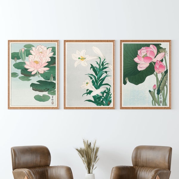 Japanese Flower Art Prints Set of 3 - Water Lily Print, Lilies Print, Lotus Print, Ohara Kason Poster Print, Botanical Print, Japanese Art