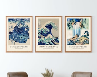 Japanese Wall Prints Set of 3 - Woodblock Prints, Japanese Art, Hokusai Print Poster, Great Wave Print Poster, Kanagawa Print Poster,