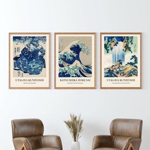 Japanese Wall Prints Set of 3 - Woodblock Prints, Japanese Art, Hokusai Print Poster, Great Wave Print Poster, Kanagawa Print Poster,