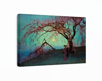 Hiroshi Yoshida - Kumoi Cherry Trees Canvas Art, Japanese Wall Art, Landscape Art, Trees and Moon Canvas, Reproduction Canvas Home Decor