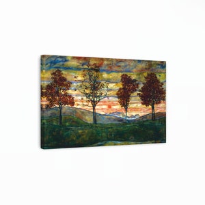 以下が含まれることがあります： 夕焼けを背景に、風景の中に3本の木が描かれた絵画。木々は空を背景にシルエットになっており、夕焼けは鮮やかなオレンジと赤色で描かれている。絵画は20世紀初頭を思わせるスタイルで描かれている。