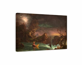 May include: A painting depicting a lone figure in a small boat navigating a stormy sea. The sky is dark and stormy, with a single ray of light breaking through the clouds. The figure is small and insignificant against the vastness of the sea and the sky. The painting is a powerful depiction of the human condition, and the fragility of life.