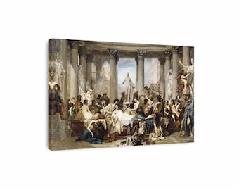 May include: A painting depicting a scene of revelry in a Roman temple. The figures are dressed in togas and other Roman clothing, and they are engaged in various activities, such as dancing, drinking, and playing music. The painting is set against a backdrop of columns and arches, and it is filled with a sense of movement and energy.