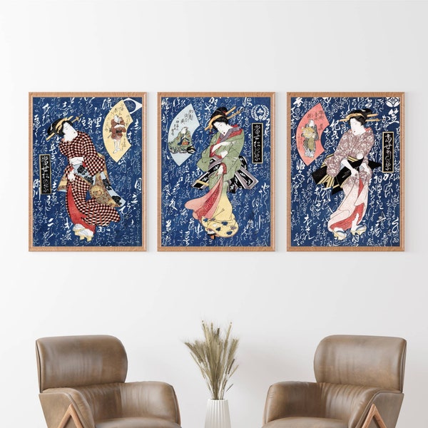 Japanese Geisha Set of 3 Art Prints - Keisai Eisen, Japanese Wall Art, Geisha Print, Japanese Portrait Women,Woodblock Print,Japanese Poster