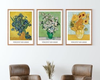 Van Gogh Blumendrucke 3er Set: Sonnenblumen, Iris, Rosen - Museumswandkunst