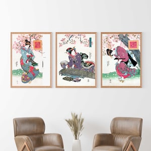 Japanese Woman Set of 3 Art Prints - Keisai Eisen Poster, Japanese Wall Art, Cherry Blossom Print, Woodblock Print,Japanese Poster,Asian Art