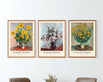 Claude Monet Flower Prints Set: Impressionist Art, Set of 3