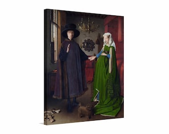 May include: A painting of a couple in a room. The man is wearing a black hat and a dark robe. The woman is wearing a green dress and a white head covering. A small dog is in the foreground.