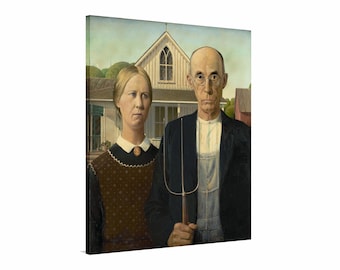 May include: A painting of a couple standing in front of a white house. The man is holding a pitchfork and the woman is wearing a brown dress. The painting is in a realistic style and has a muted color palette.