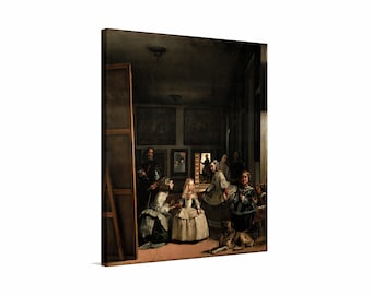 May include: A painting depicting a group of people in a room with a large mirror and several paintings on the walls. The people are dressed in 17th-century clothing and include a man in a black suit, a woman in a white dress, and several children.