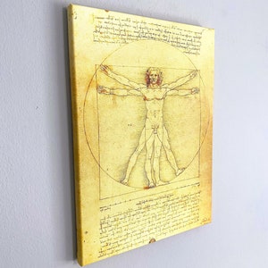 Könnte beinhalten: Ein Vintage-Druck von Leonardo da Vincis Vitruvianischem Menschen, eine berühmte anatomische Zeichnung, die die idealen menschlichen Proportionen darstellt. Die Zeichnung ist von einem Kreis und einem Quadrat umgeben, mit Text in italienischer Sprache.