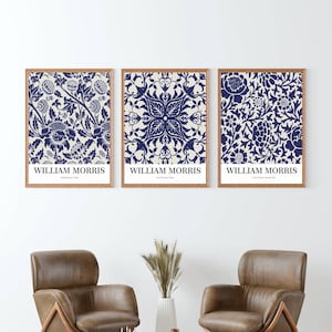 Stampa di William Morris - Set blu di 3 poster artistici, poster di mostre, arte botanica, stampa del Morris Museum, poster di fiori Morris, poster Art Nouveau