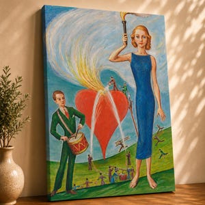 Pode incluir: Uma pintura colorida sobre tela retrata uma cena surrealista. Uma mulher em um vestido azul segura uma tocha, enquanto um homem em um terno verde toca um tambor. Um grande coração vermelho é o ponto focal, com figuras e uma paisagem ao fundo.