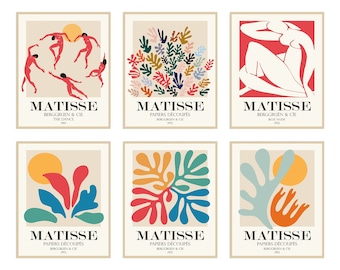 Może przedstawiać: Sześć kolorowych plakatów prezentujących dzieła sztuki autorstwa Henri Matisse'a. Plakaty prezentują różne style prac Matisse'a, w tym wycinanki, obrazy i rysunki. Plakaty są wszystkie w podobnym stylu, z białym tłem i czarnym tekstem. Tekst na plakatach zawiera imię i nazwisko artysty, tytuł dzieła i datę jego powstania.