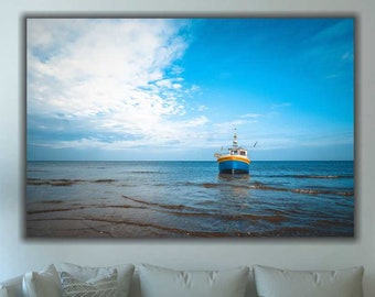 Impressão em tela de barco à vela: arte de parede costeira do oceano azul