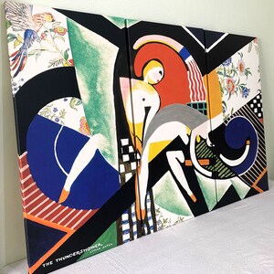 May include: A three-panel abstract painting with a geometric design. The painting features a woman in a white dress with a red, orange, and yellow background. The painting is titled "The Thundershower" by Uyhan Sayen.