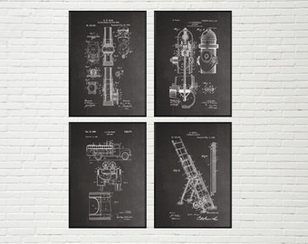 Firefighter Patent Prints: Set of 4, Fireman Wall Art