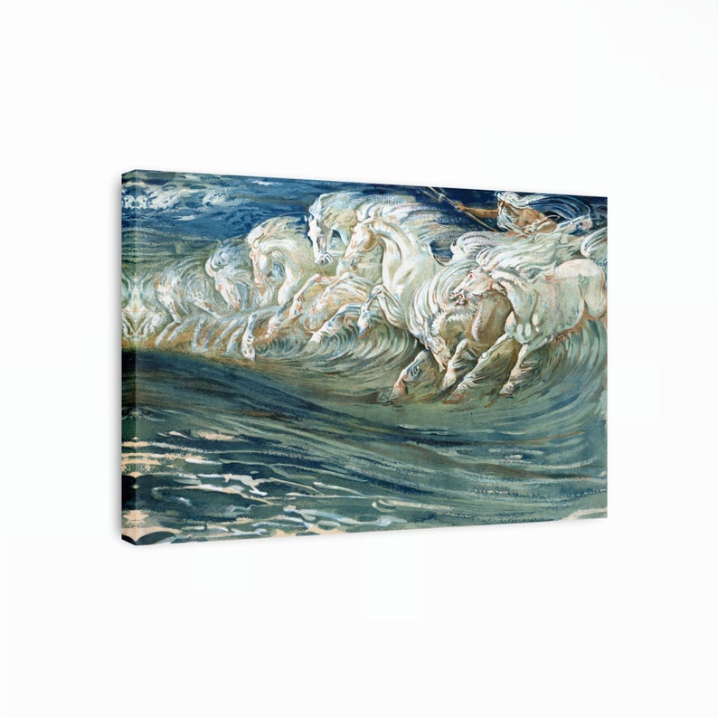 May include: A painting of a group of white horses galloping through the ocean waves. The horses are depicted in a stylized manner, with their manes and tails flowing in the wind. The water is a deep blue, and the sky is a light blue. The painting is done in a watercolor style.