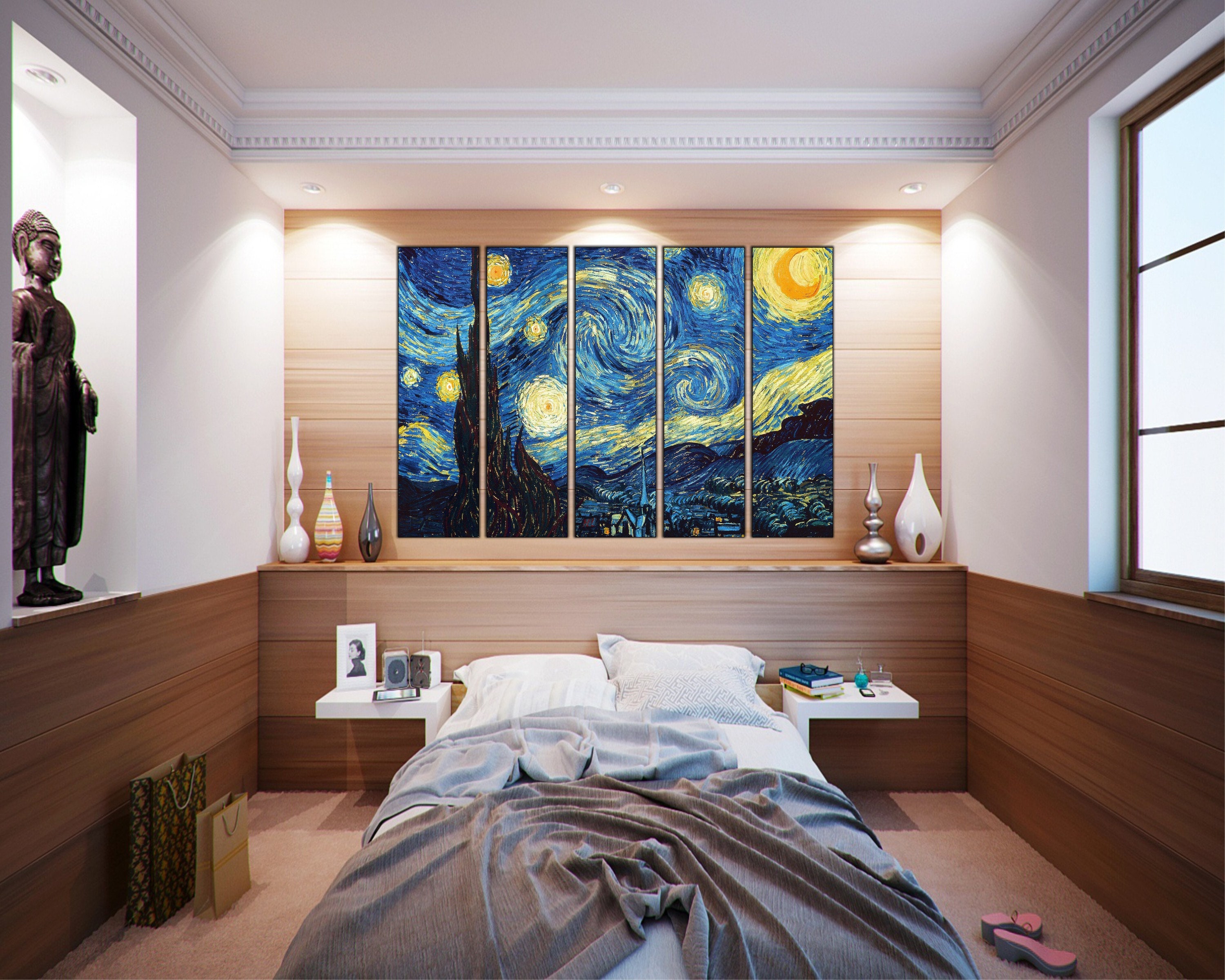 「華星月夜」27.3×22㎝　テクスチャーアート　寝室インテリア　リビング ゴッホ作「星月夜」キャンバスアート、有名な絵画、すぐに飾れます