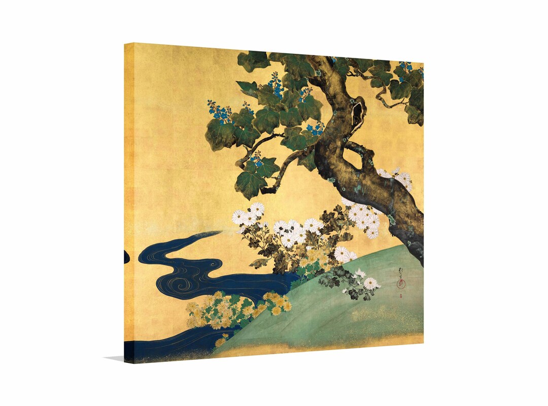 ヴィンテージアートワーク1950年11月の静物画 S. Sakai Sakai Hoitsu Paulownias and Chrysanthemums Canvas Art, Japanese