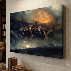 May include: A large canvas print of a dramatic, historical painting. The artwork depicts a battle scene with figures on horseback, set against a stormy sky with a fiery sunset. The colour palette is dominated by dark blues, browns, and oranges.