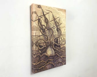 Vintage Kraken Canvas Art: Octopus & Ship Reproduction Print