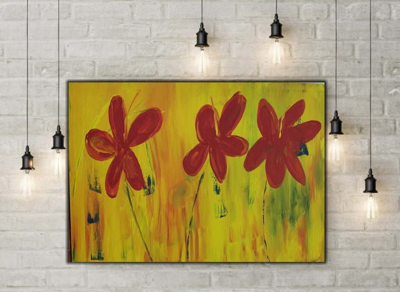 Red Flower Oil Painting Art Floral Decor Red Flower Wall Etsy