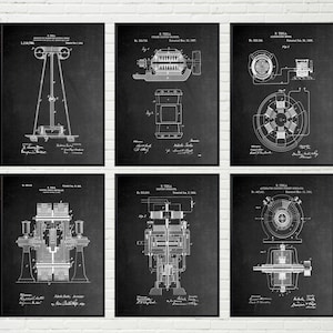 May include: A set of six black and white vintage patent prints featuring illustrations of Nikola Tesla's inventions. The prints include drawings of an alternating current electric motor, a high-frequency transformer, and a system for transmitting electrical energy without wires. Each print includes the patent number, date, and Tesla's signature.