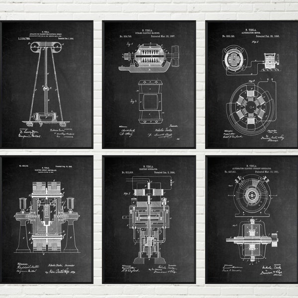 Tesla Set Of 6 Patent Prints | Engineer Blueprint Wall Art, Tesla Patent Set, Tesla Wall Art, Tesla Decor, Poster Tesla Patent Art