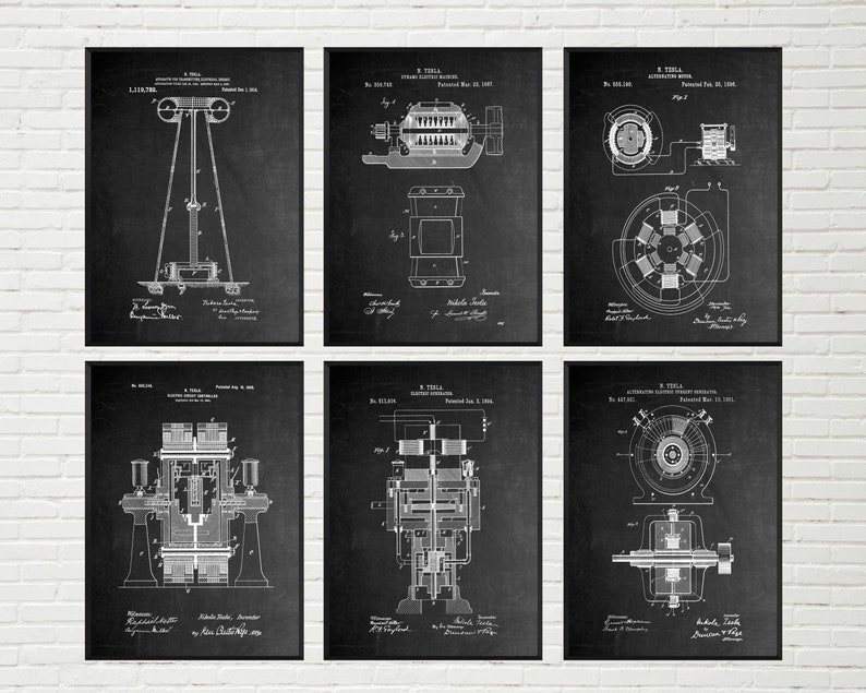 Tesla Set Of 6 Patent Prints Engineer Blueprint Wall Art | Etsy