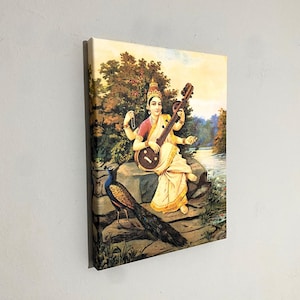 Raja Ravi Varma - Goddess Saraswati and Peacock Canvas Art, Famous Painting, Indian Art, Ravi Varma Wall Art, Reproduction Canvas Print
