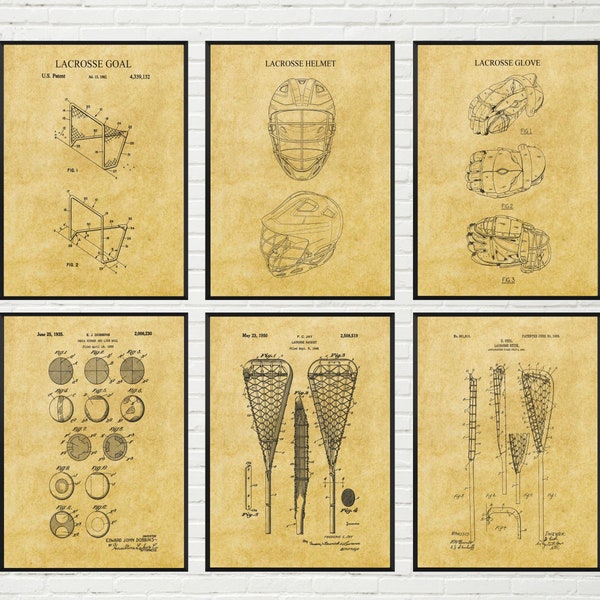 Vintage Lacrosse Patent Print Set of 6 | Lacrosse Art Prints, Lacrosse Prints, Lacrosse Nursery Decor, Lacrosse Decor, Lacrosse Gifts