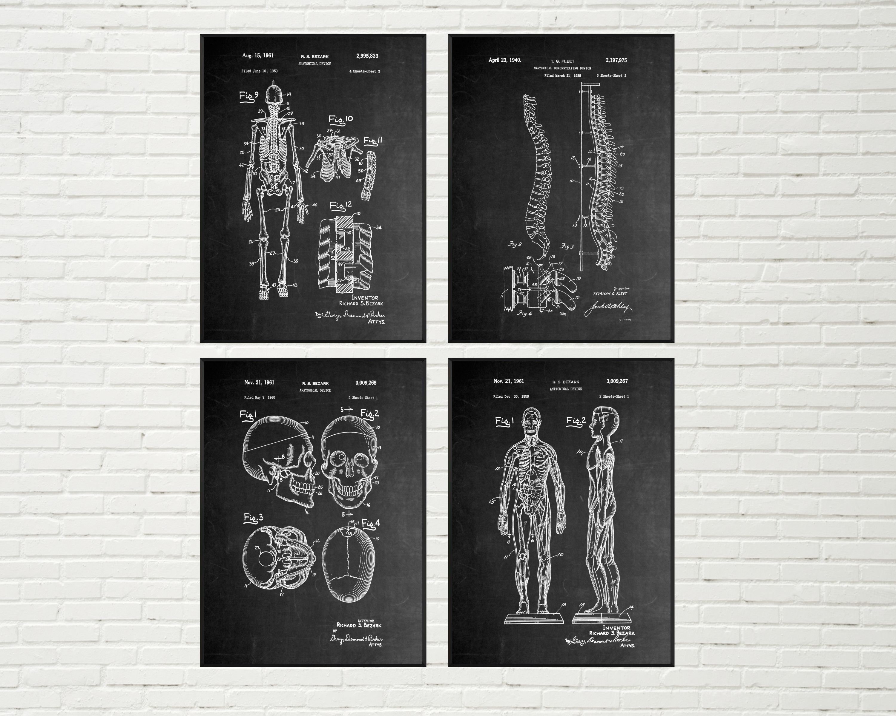 Anatomy Patent Print - Set Of 4 | Human Body Art, Vintage Poster, Human Skeleton, Doctor Gift, Doctor Office Decor, Surgeon Decor