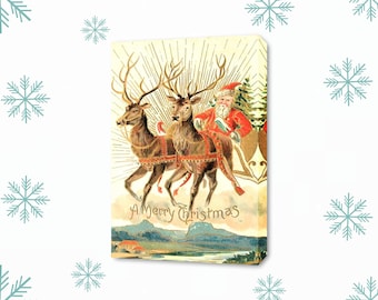 Weihnachtsmann & Rentier Leinwand Kunst, Vintage Weihnachtswanddekor