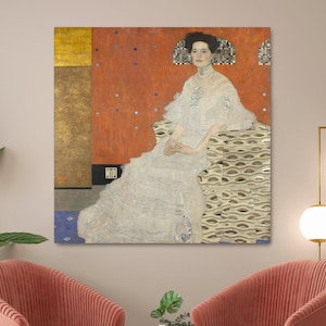 Portrait of Fritza Riedler by Gustav Klimt Canvas Art | Viennese Woman in White Dress | Art Nouveau Wall Decor for Living Room or Bedroom
