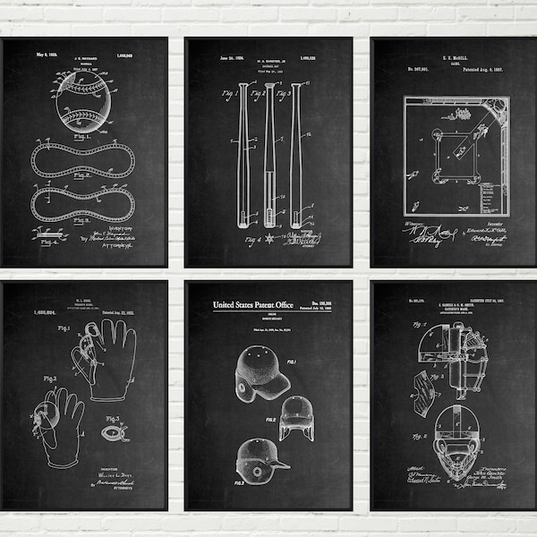 Vintage Baseball Patent Print Set von 6 | Baseball Kunstdrucke, Baseball Drucke, Baseball Kinderzimmer Dekor, Baseball-Dekor, Baseball-Geschenke