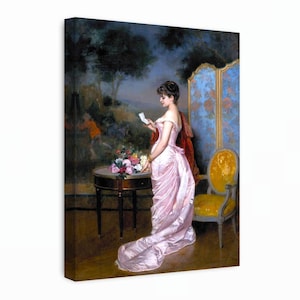 La carta de amor de Auguste Toulmouche / Arte romántico en lienzo de estilo victoriano / Mujer elegante con vestido rosa / Idea de regalo para decoración de pared