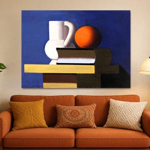 Still Life with White Jar, Orange and Book by Vilhelm Lundstrøm Canvas Art | Modern Cubist Minimal Still Life | Colorful Nordic Wall Decor