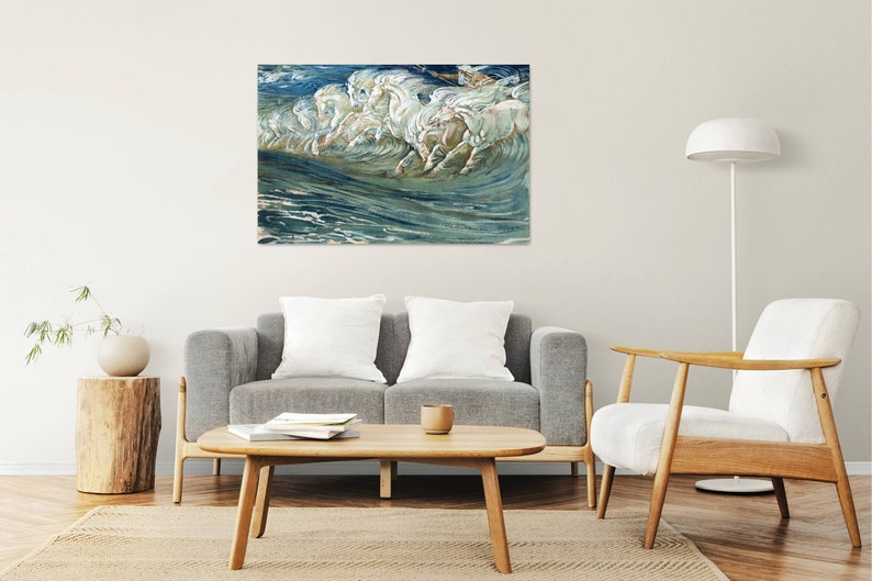 May include: A painting of white horses running through the ocean waves. The water is a deep blue and green, and the horses are white with foamy crests. The painting is framed and hanging on a white wall.