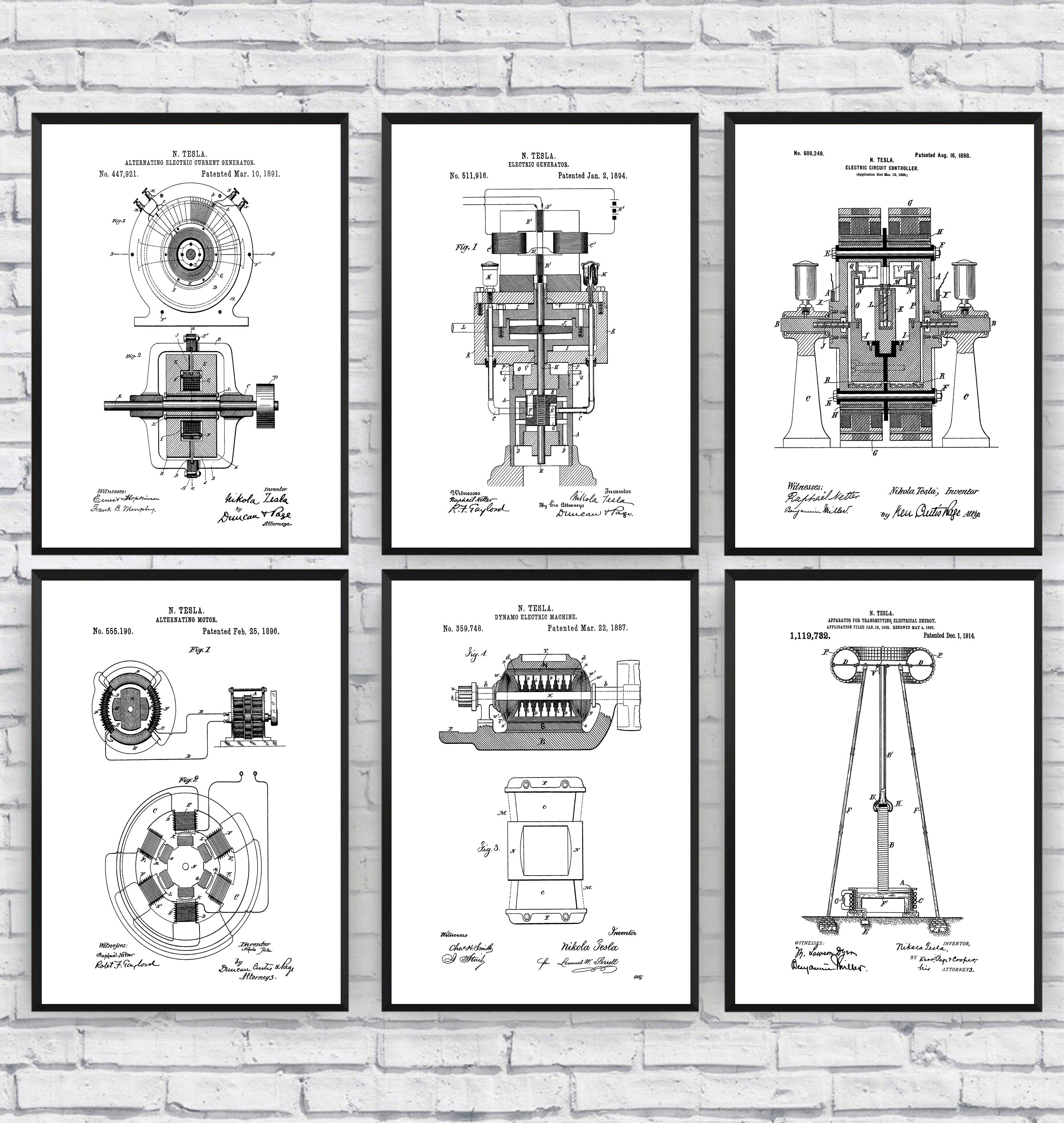 Tesla Set of 6 Patent Prints Engineer Blueprint Wall Art - Etsy