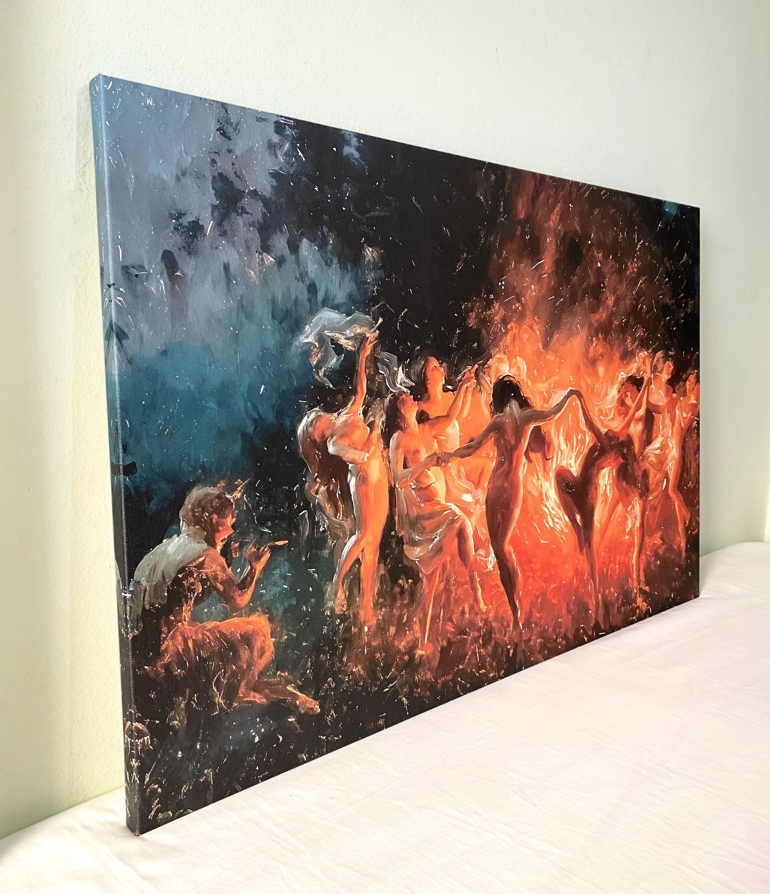 Fire Dance by Joseph Tomanek Canvas Art, Nymphs Dancing to Pan’s Flute, Nymphs Wall Art, Witches Paintings, Reprodaction Art, Ready To Hang!