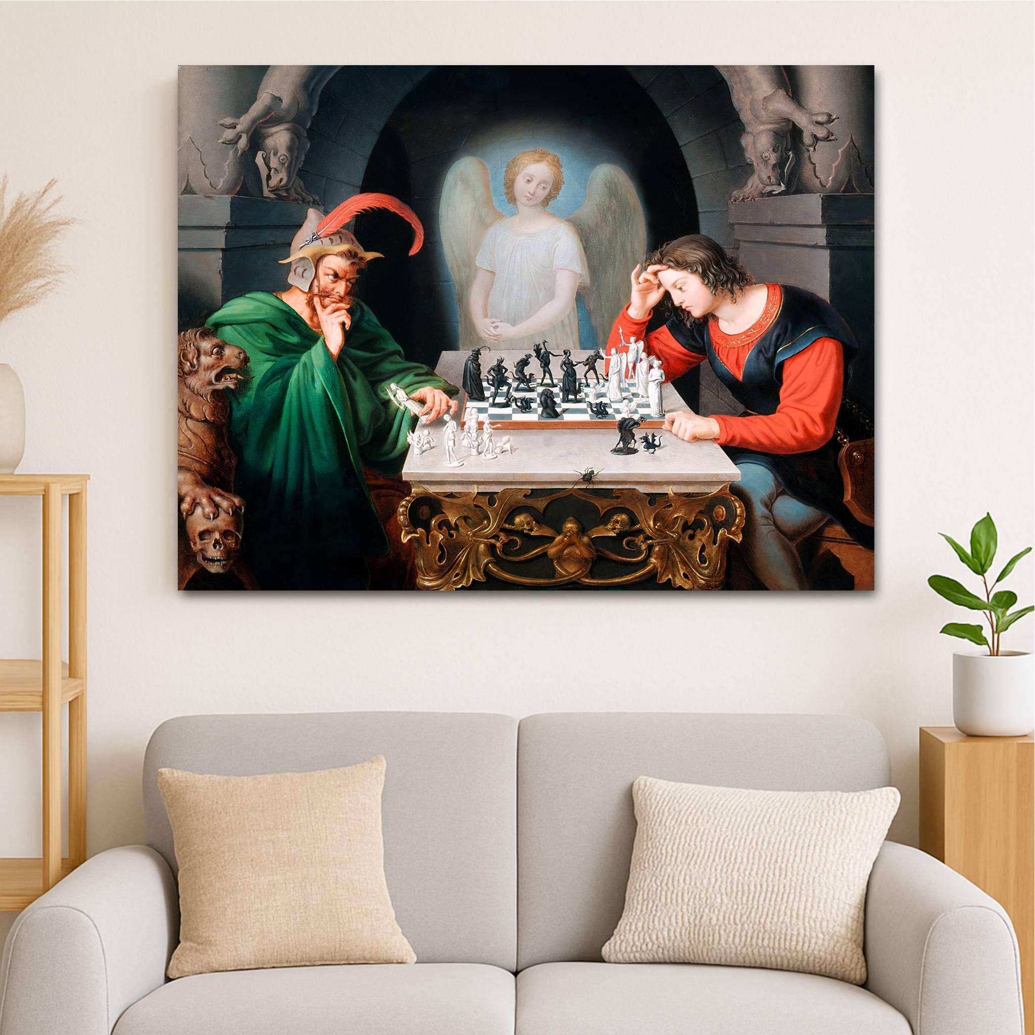 悪魔のチェックメイト キャンバスウォールアート：チェスプレイヤーの